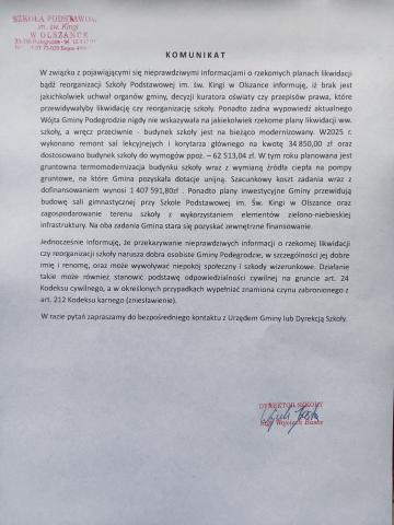Komunikat Dyrektora Szkoły